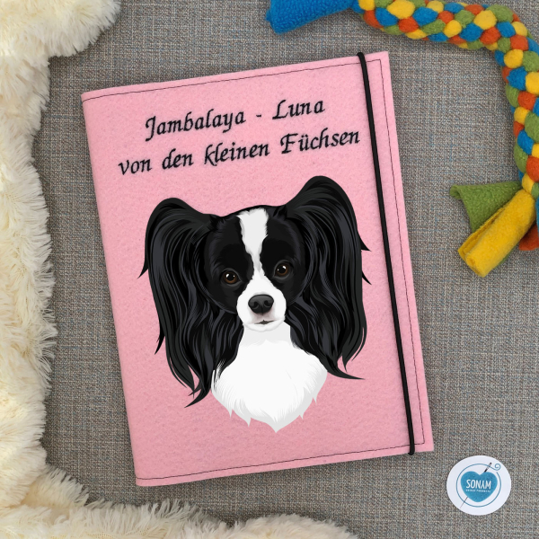 Dokumentenhülle Hund hellrosa Designbeispiel Papillon schwarz weiß